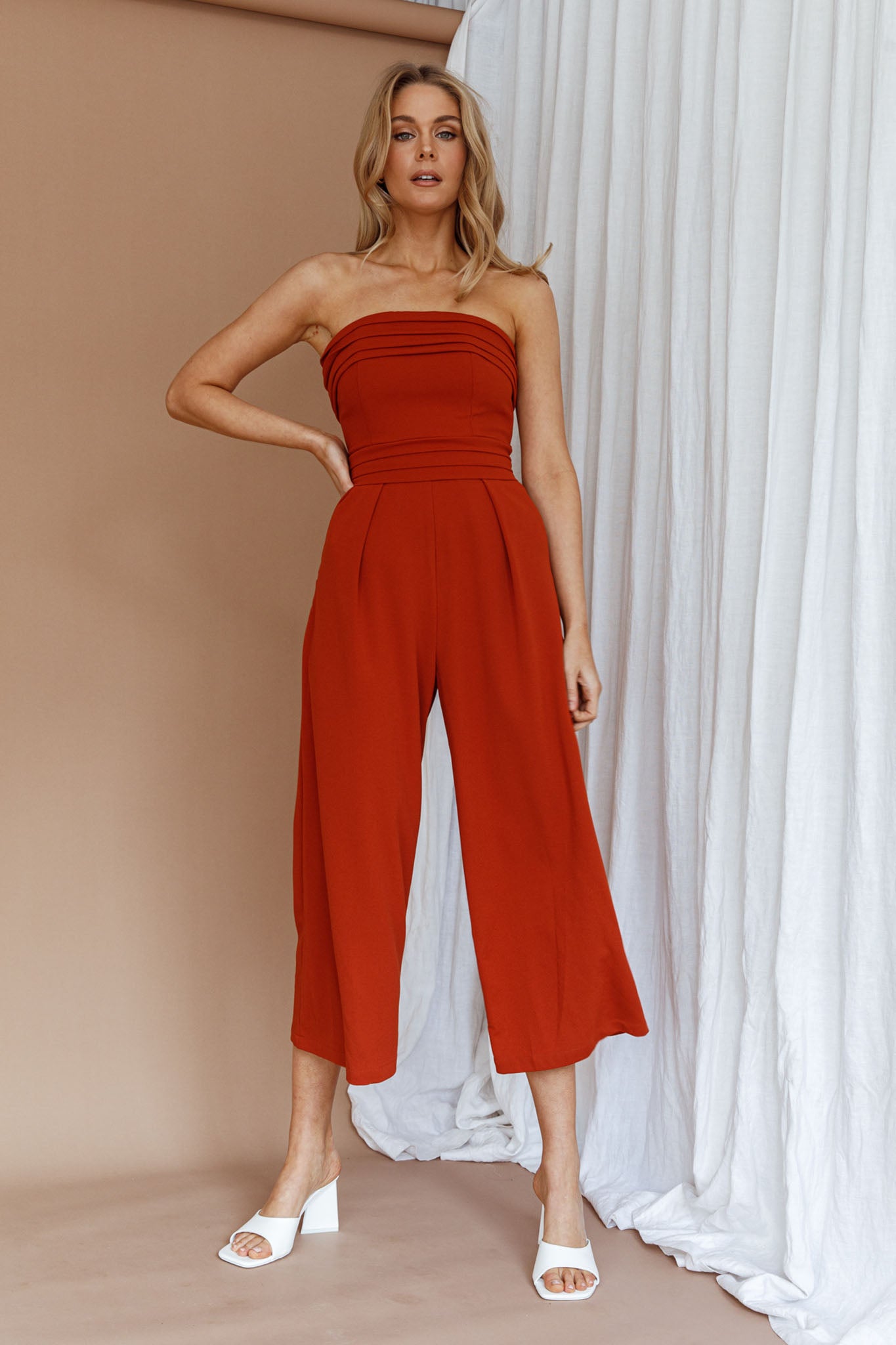 Chosen Strapless Wide Leg Jumpsuit Orange-Fable Dress