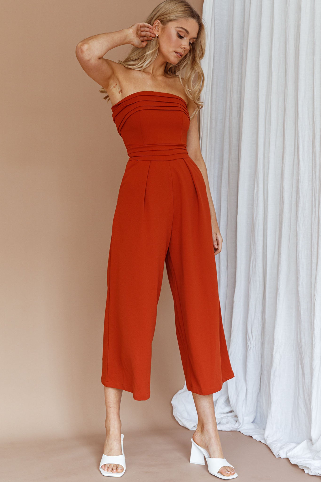 Chosen Strapless Wide Leg Jumpsuit Orange-Fable Dress