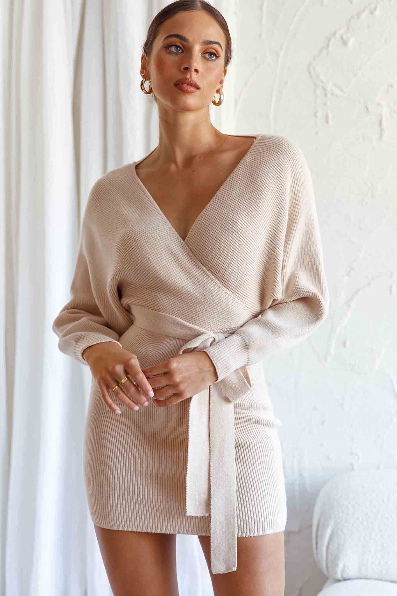 Cameo Long Batwing Knit Dress Nude-Fable Dress