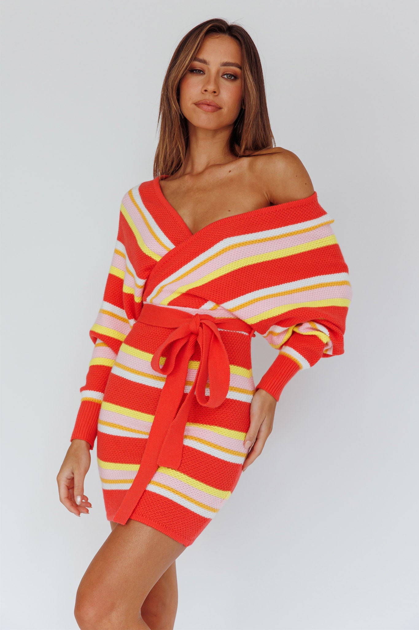 Cameo Batwing Knit Dress Striped Pink-Fable Dress