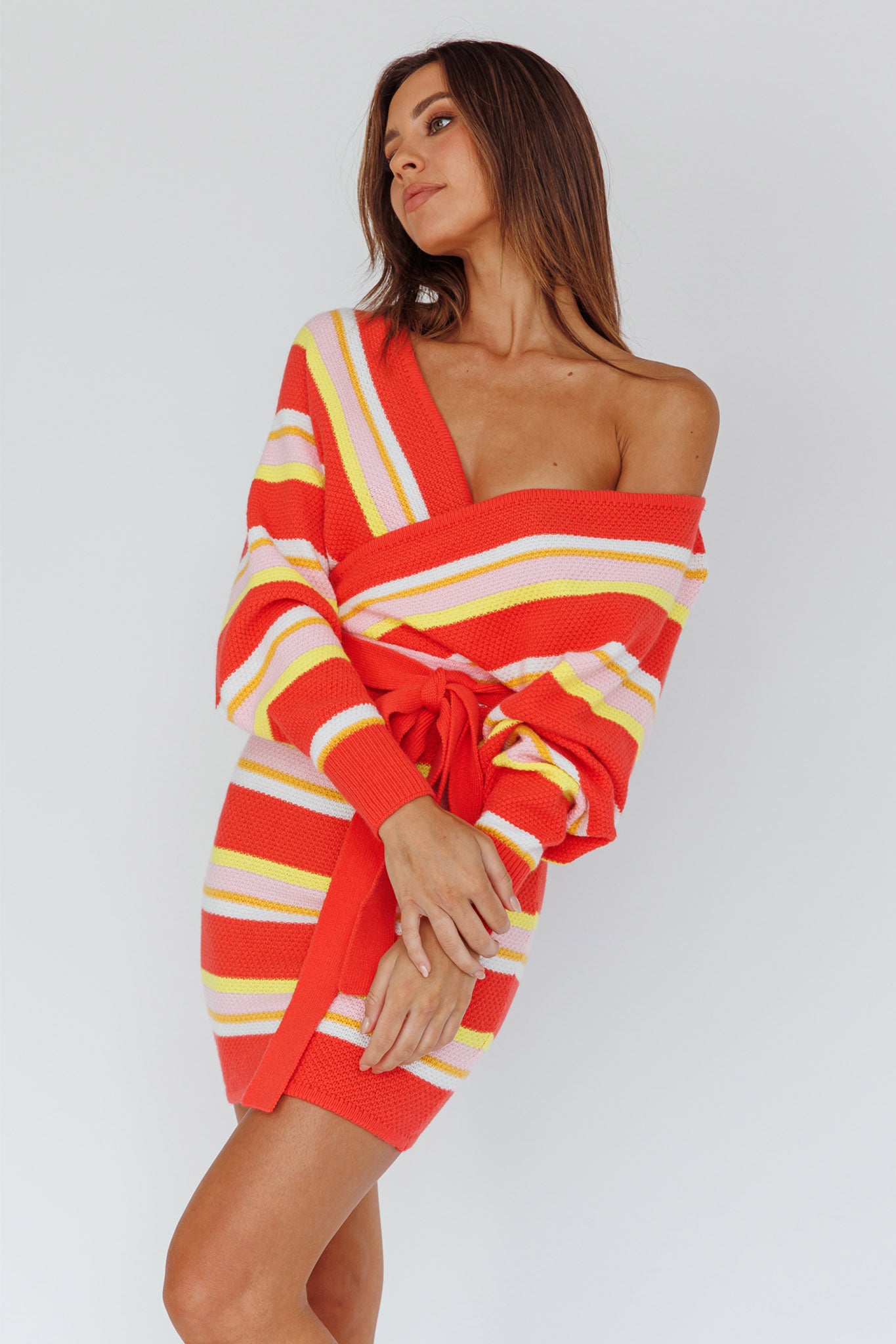 Cameo Batwing Knit Dress Striped Pink-Fable Dress