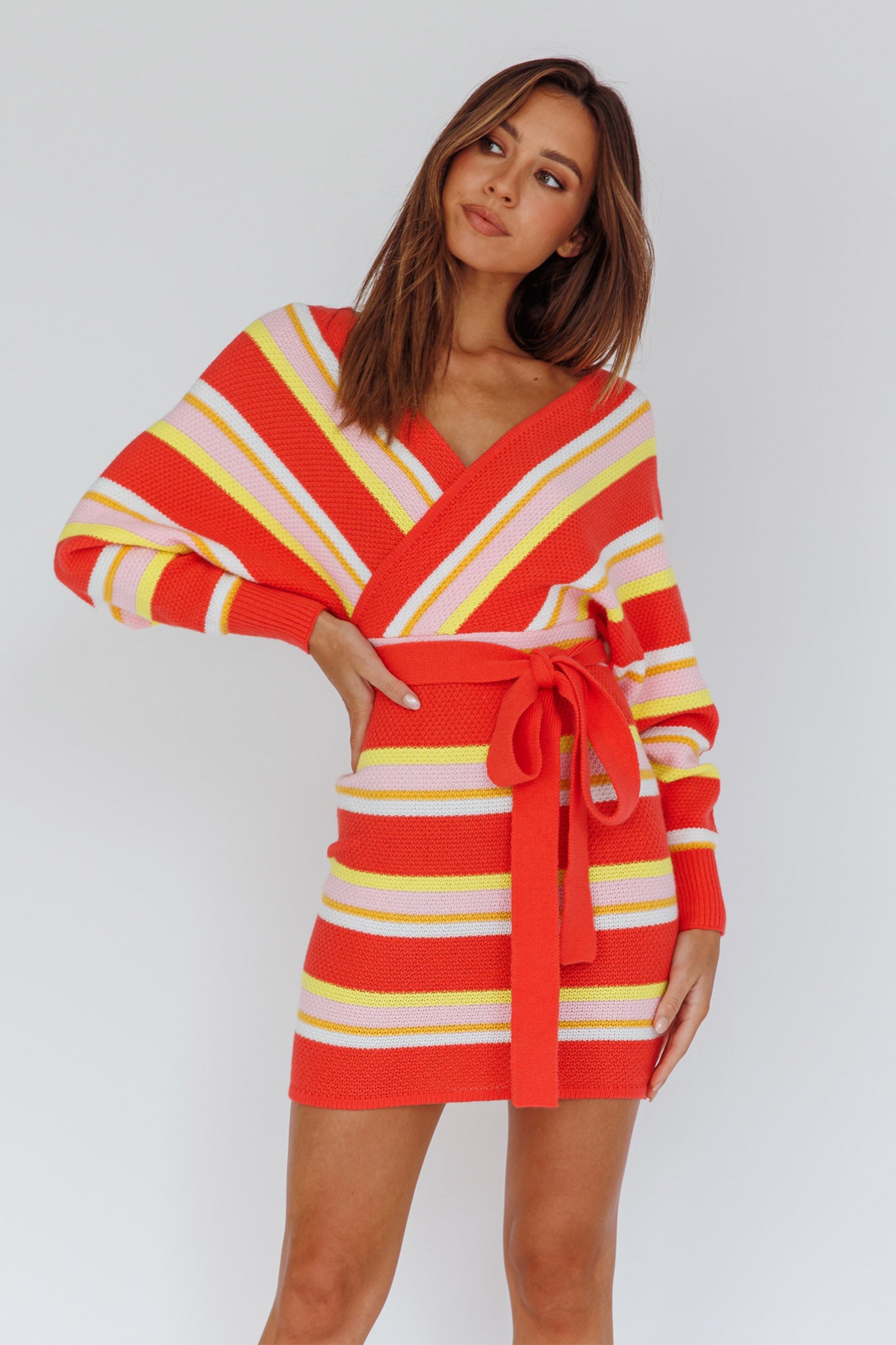 Cameo Batwing Knit Dress Striped Pink-Fable Dress