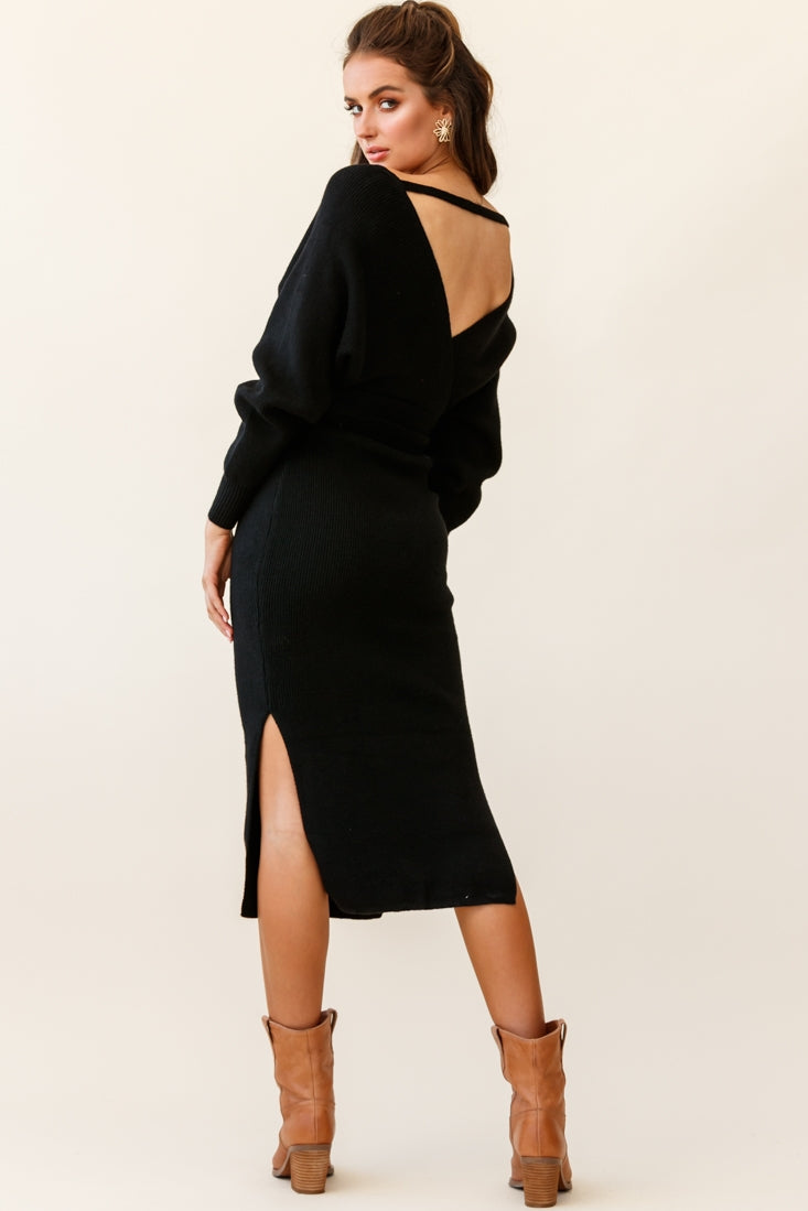 Cameo Batwing Knit Midi Dress Black-Fable Dress