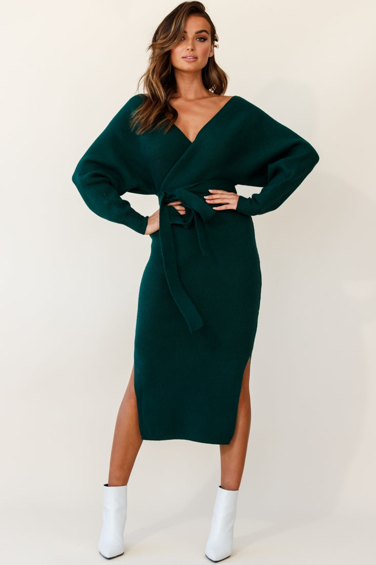 Cameo Batwing Knit Midi Dress Forest Green-Fable Dress
