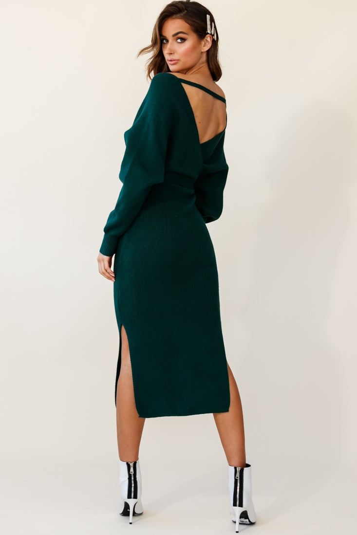 Cameo Batwing Knit Midi Dress Forest Green-Fable Dress