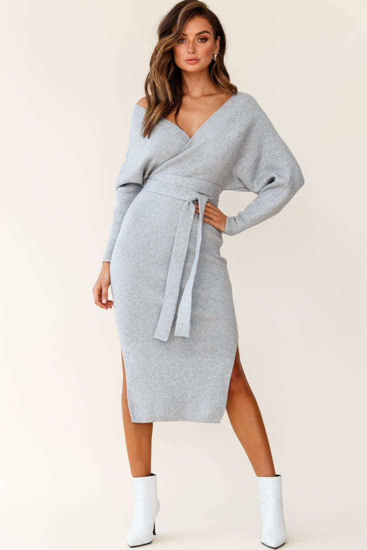 Cameo Batwing Knit Midi Dress Grey-Fable Dress