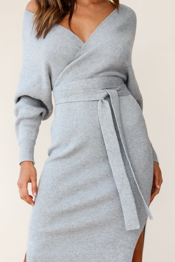 Cameo Batwing Knit Midi Dress Grey-Fable Dress