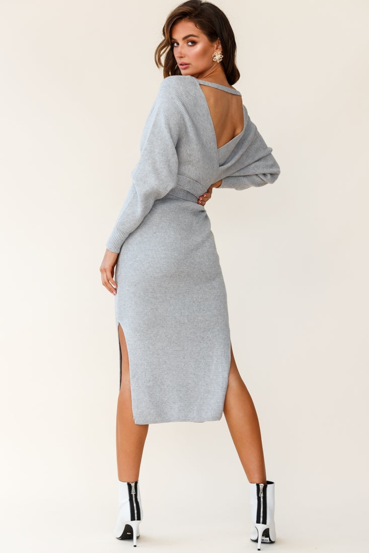 Cameo Batwing Knit Midi Dress Grey-Fable Dress
