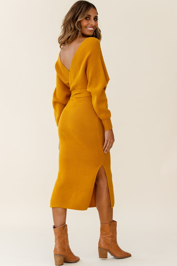 Cameo Batwing Knit Midi Dress Mustard-Fable Dress