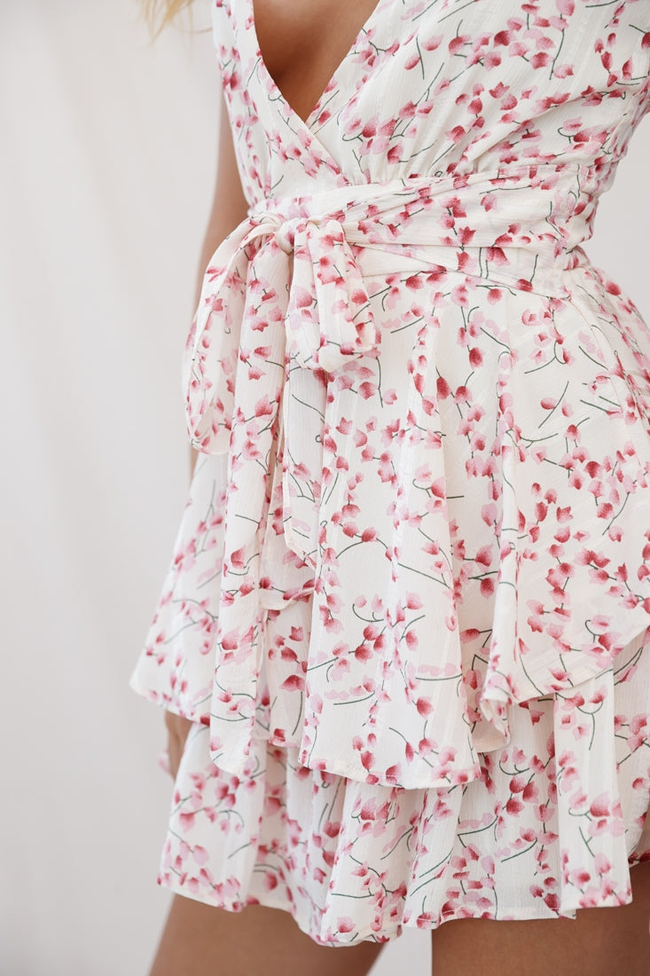 Maddox Fit & Flare Cami Strap Romper Floral Print Beige-Fable Dress