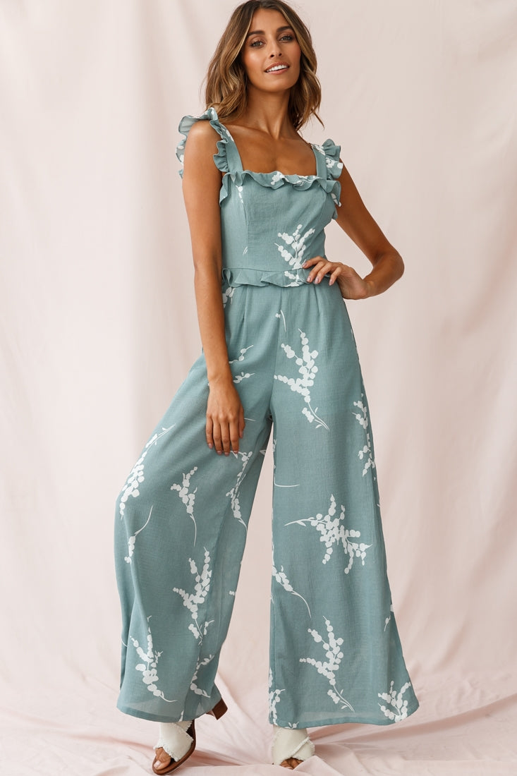 Azure Frill Strap Wide Leg Jumpsuit Sage-Fable Dress