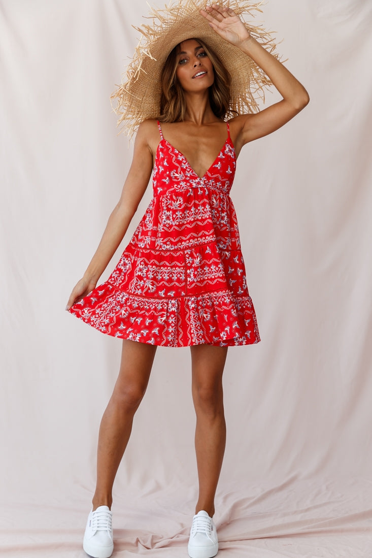 Ariya V-Neckline Frill Hem Sun Dress Red Print-Fable Dress