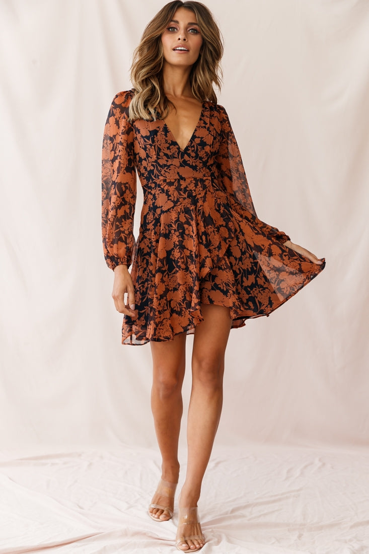 Wisteria Lane Long Sleeve Tea Dress Floral Print Navy-Fable Dress
