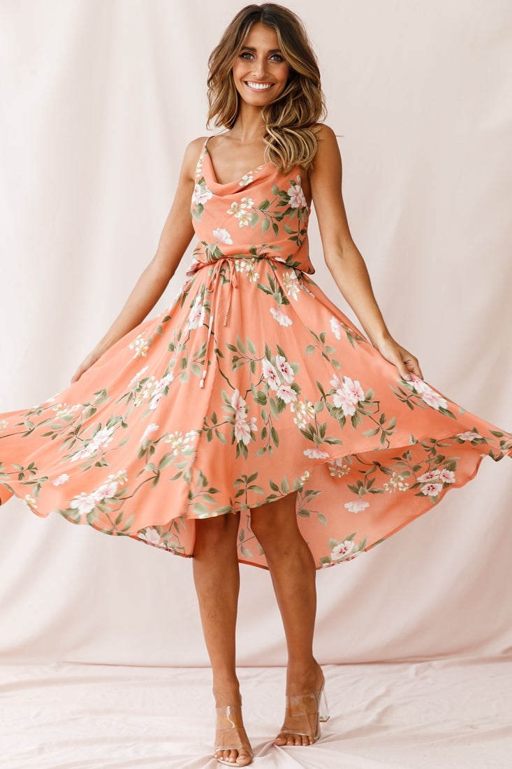 Ava Cowl Neck Drawstring Midi Dress Floral Print Peach-Fable Dress