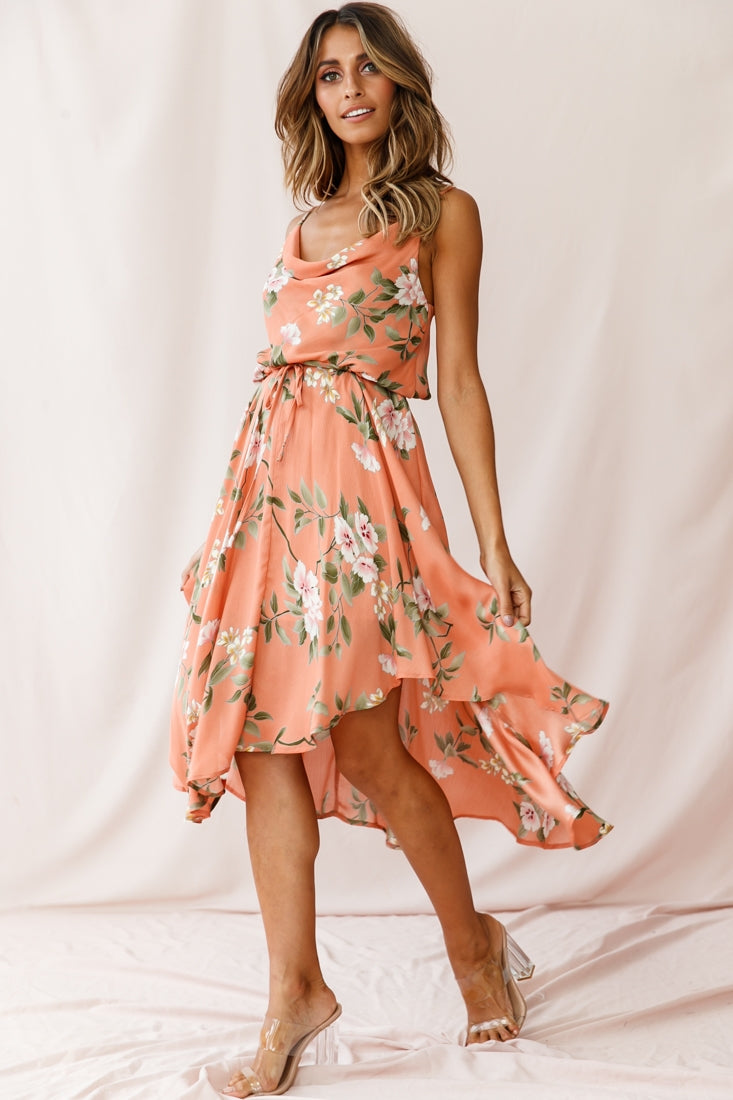 Ava Cowl Neck Drawstring Midi Dress Floral Print Peach-Fable Dress
