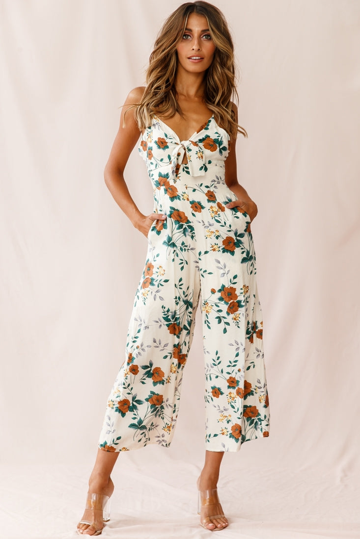 Call Me Wide-Leg Tied Bust Jumpsuit Floral Print Beige-Fable Dress