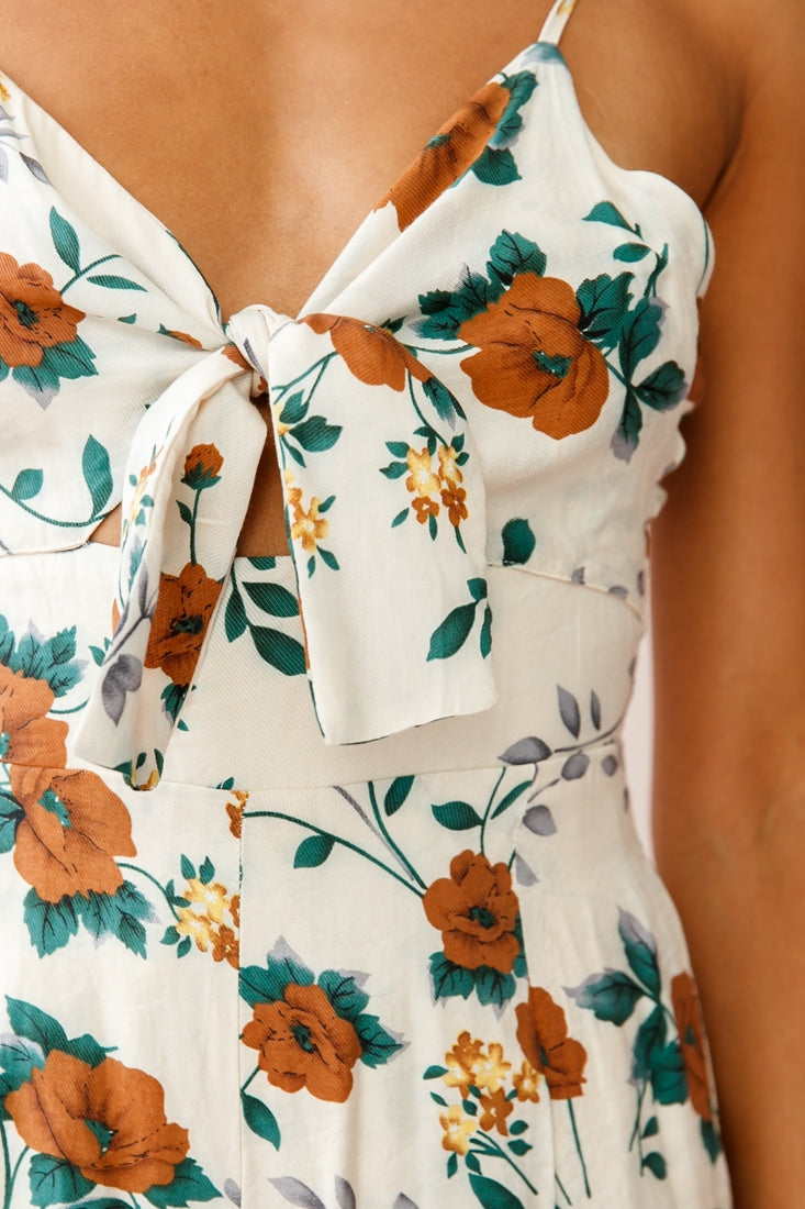 Call Me Wide-Leg Tied Bust Jumpsuit Floral Print Beige-Fable Dress