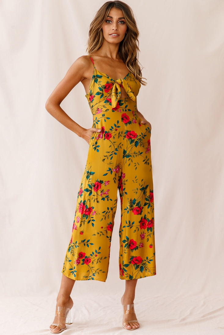 Call Me Wide-Leg Tied Bust Jumpsuit Floral Print Mustard-Fable Dress