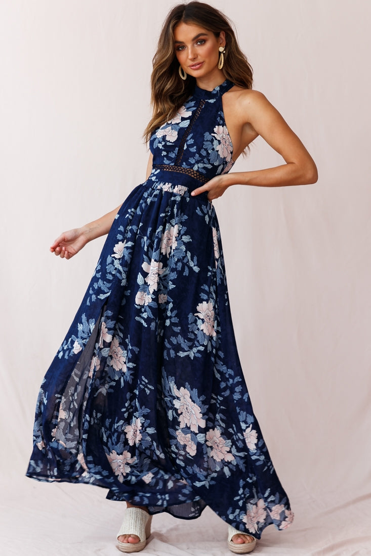 Baylor Floral Halterneck Maxi Dress Navy-Fable Dress