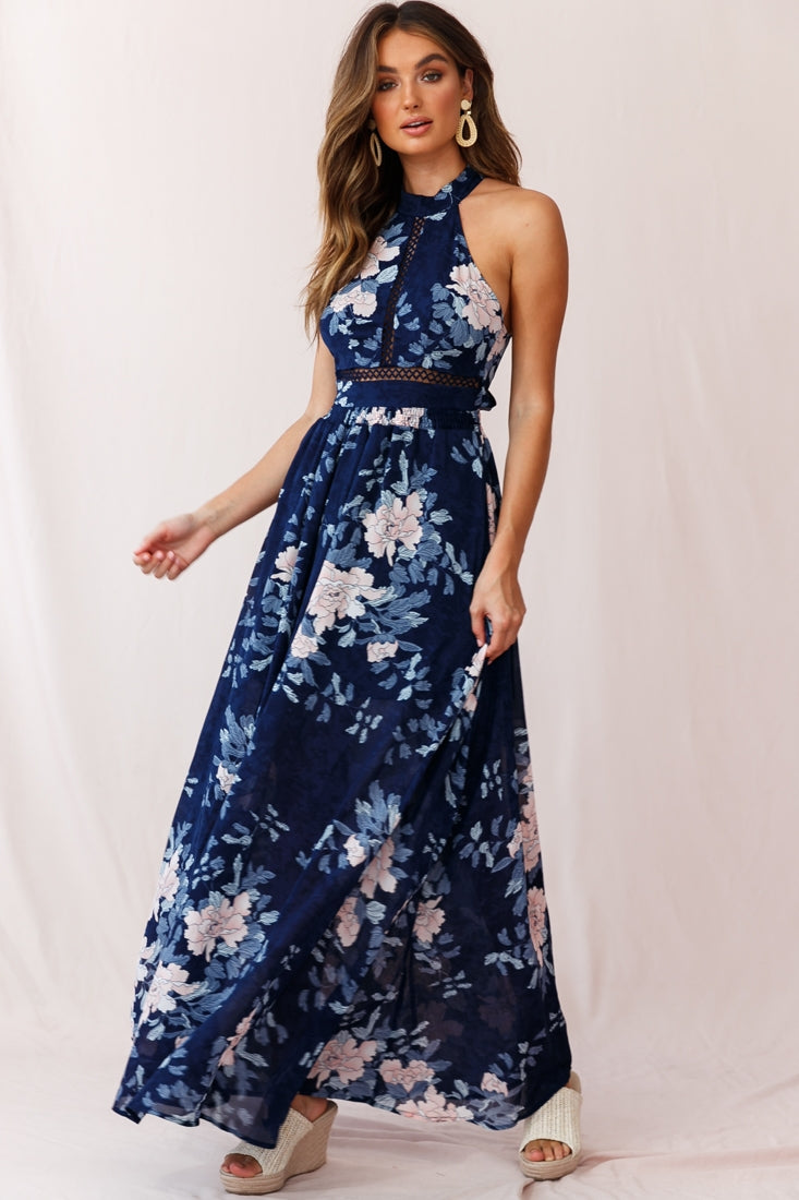 Baylor Floral Halterneck Maxi Dress Navy-Fable Dress