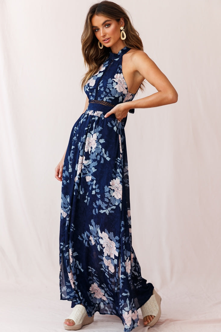 Baylor Floral Halterneck Maxi Dress Navy-Fable Dress