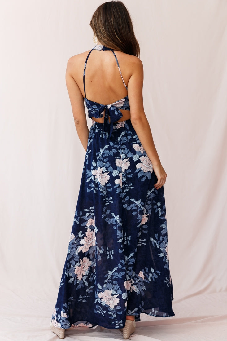 Baylor Floral Halterneck Maxi Dress Navy-Fable Dress