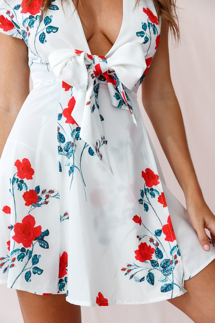 Lydia Plunging Neckline Floral Dress White-Fable Dress