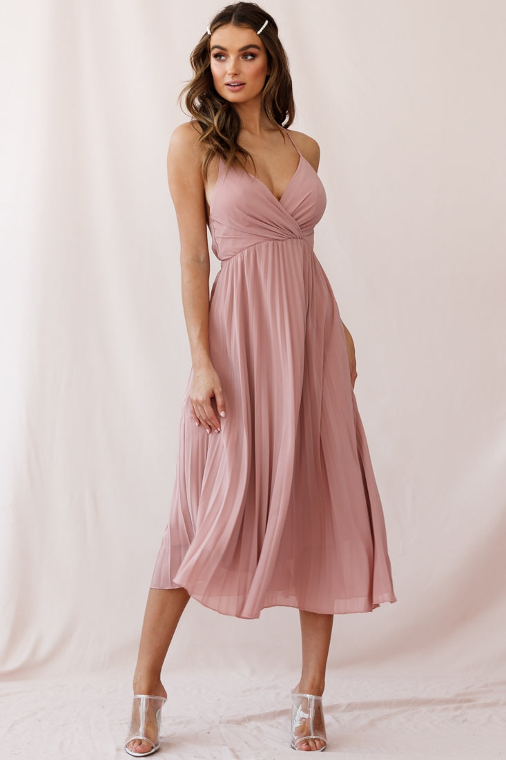 Artemis Accordion Pleat Strappy Back Midi Dress Blush-Fable Dress
