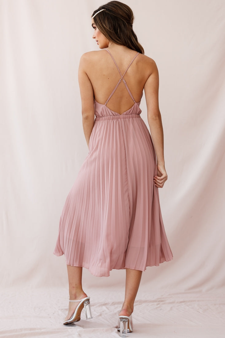 Artemis Accordion Pleat Strappy Back Midi Dress Blush-Fable Dress