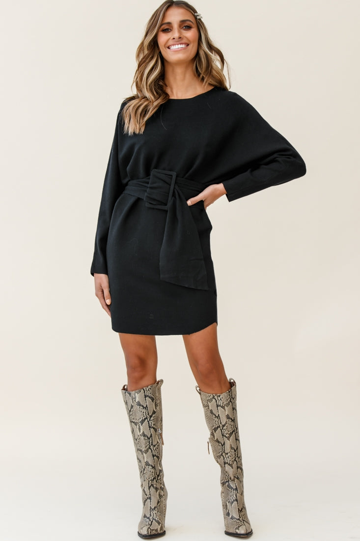 Lorelei Long Sleeve Wide Belt Knit Dress Black-Fable Dress