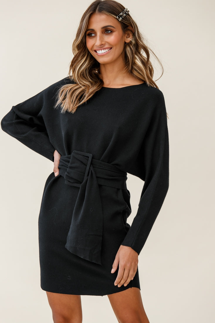 Lorelei Long Sleeve Wide Belt Knit Dress Black-Fable Dress