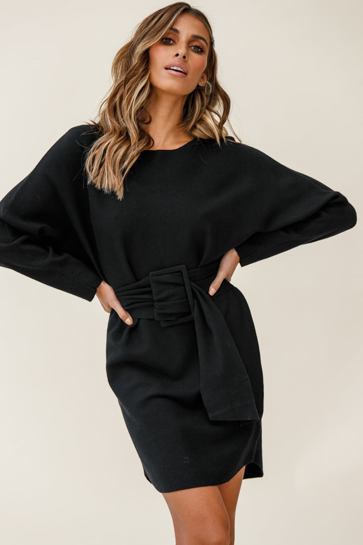 Lorelei Long Sleeve Wide Belt Knit Dress Black-Fable Dress