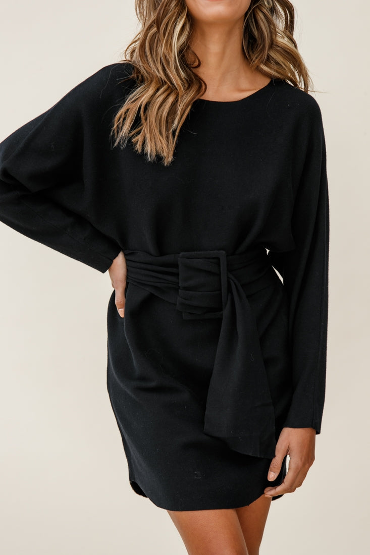 Lorelei Long Sleeve Wide Belt Knit Dress Black-Fable Dress