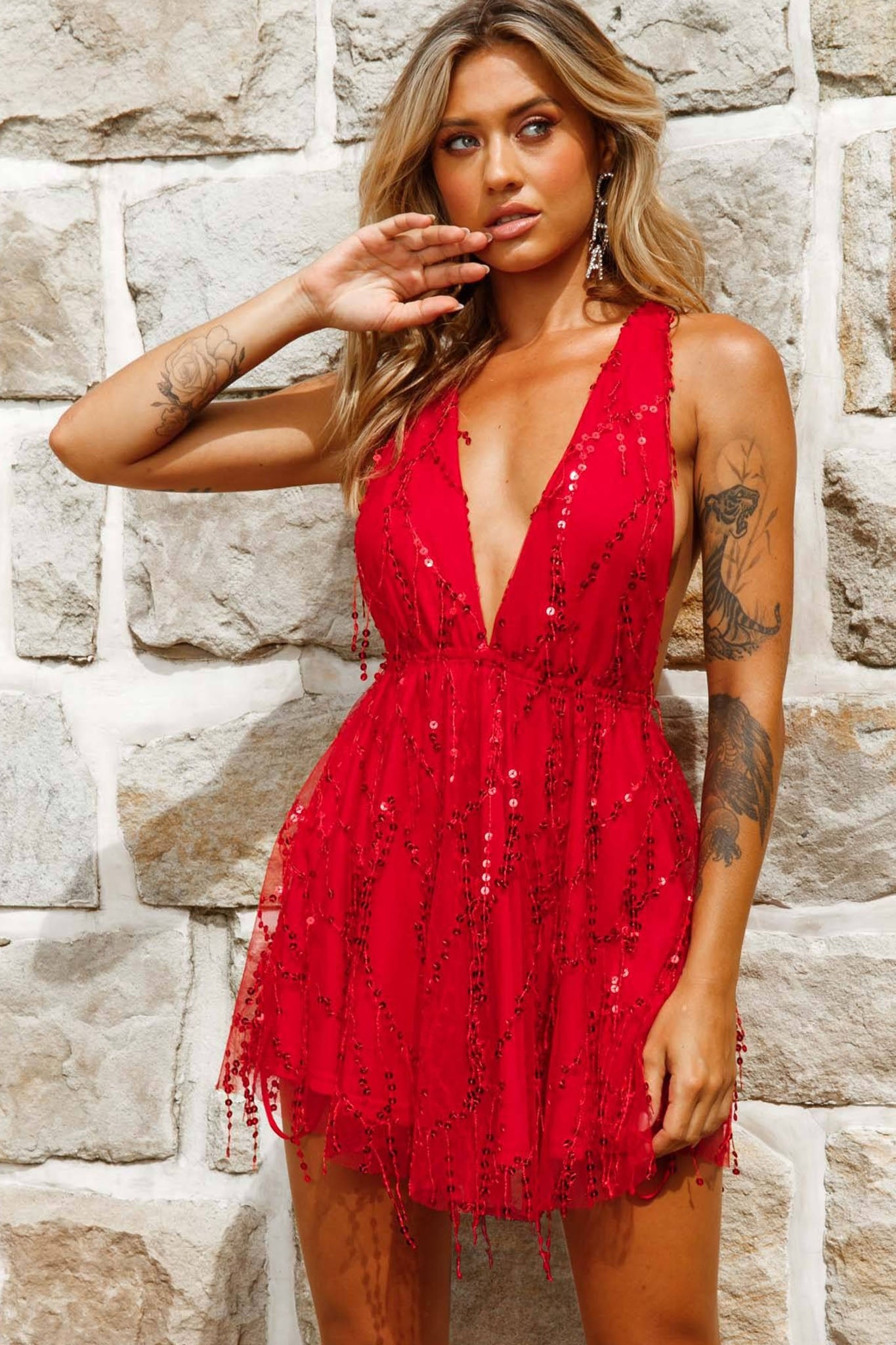 Ariana Sequin Mini Party Dress Red-Fable Dress