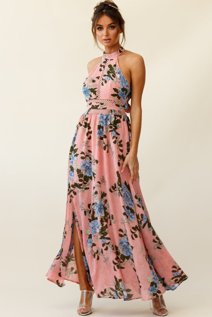 Baylor Floral Halterneck Maxi Dress Pink-Fable Dress