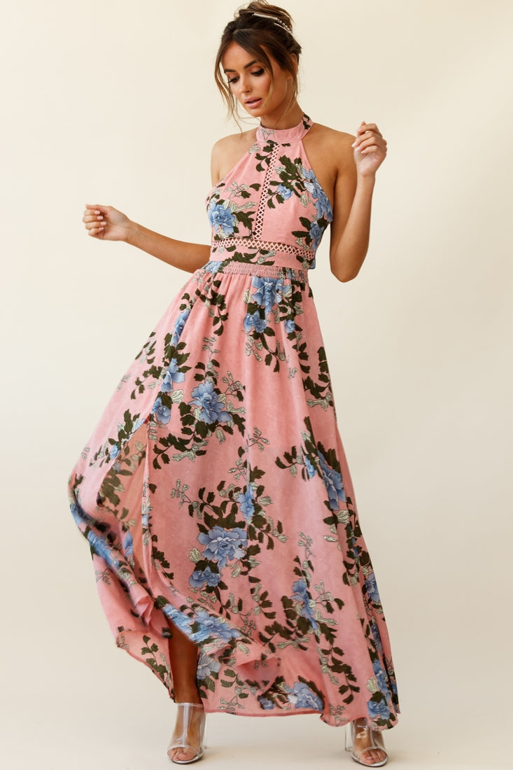 Baylor Floral Halterneck Maxi Dress Pink-Fable Dress