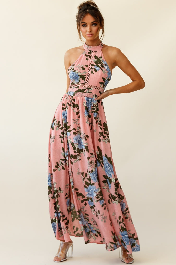 Baylor Floral Halterneck Maxi Dress Pink-Fable Dress