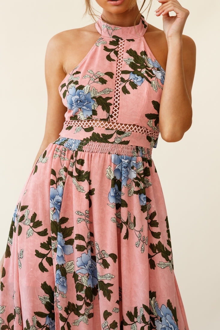 Baylor Floral Halterneck Maxi Dress Pink-Fable Dress