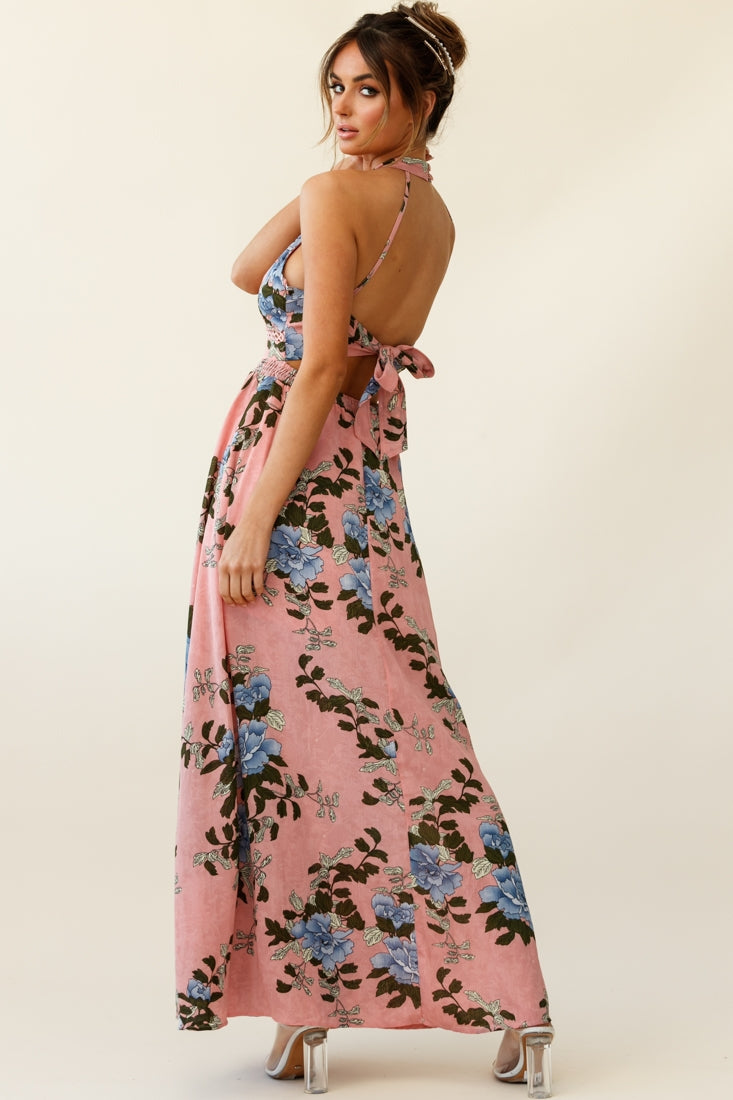 Baylor Floral Halterneck Maxi Dress Pink-Fable Dress