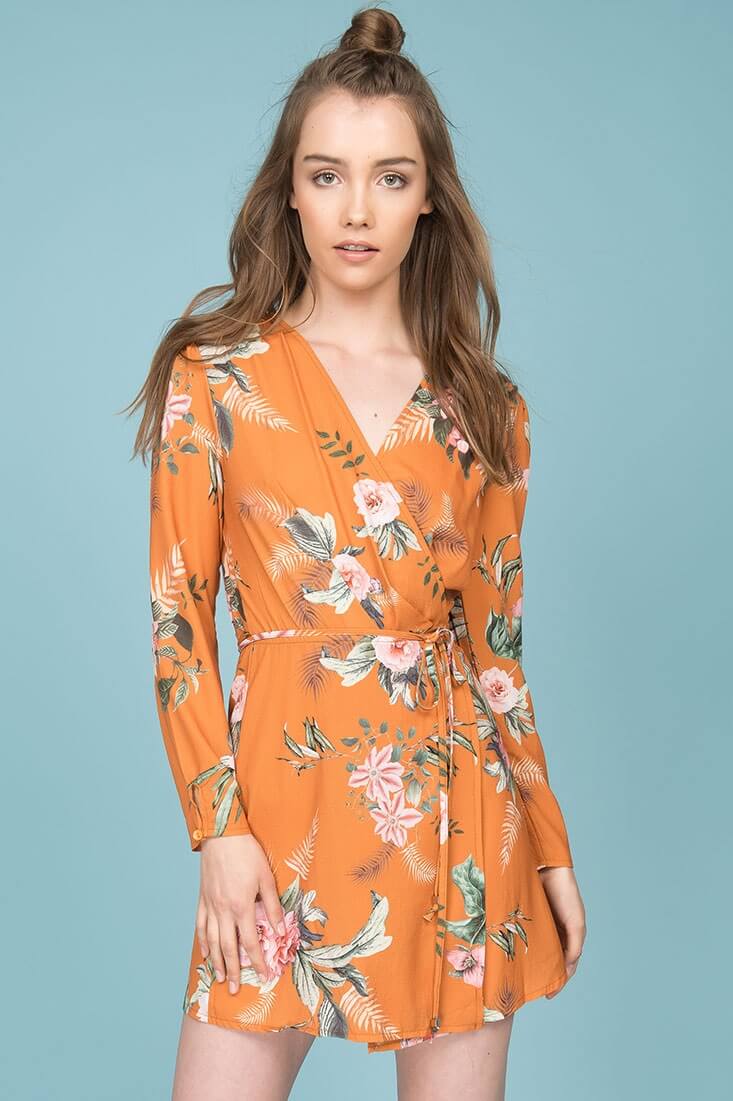 Aryanna Floral Wrap Dress Orange Mustard-Fable Dress