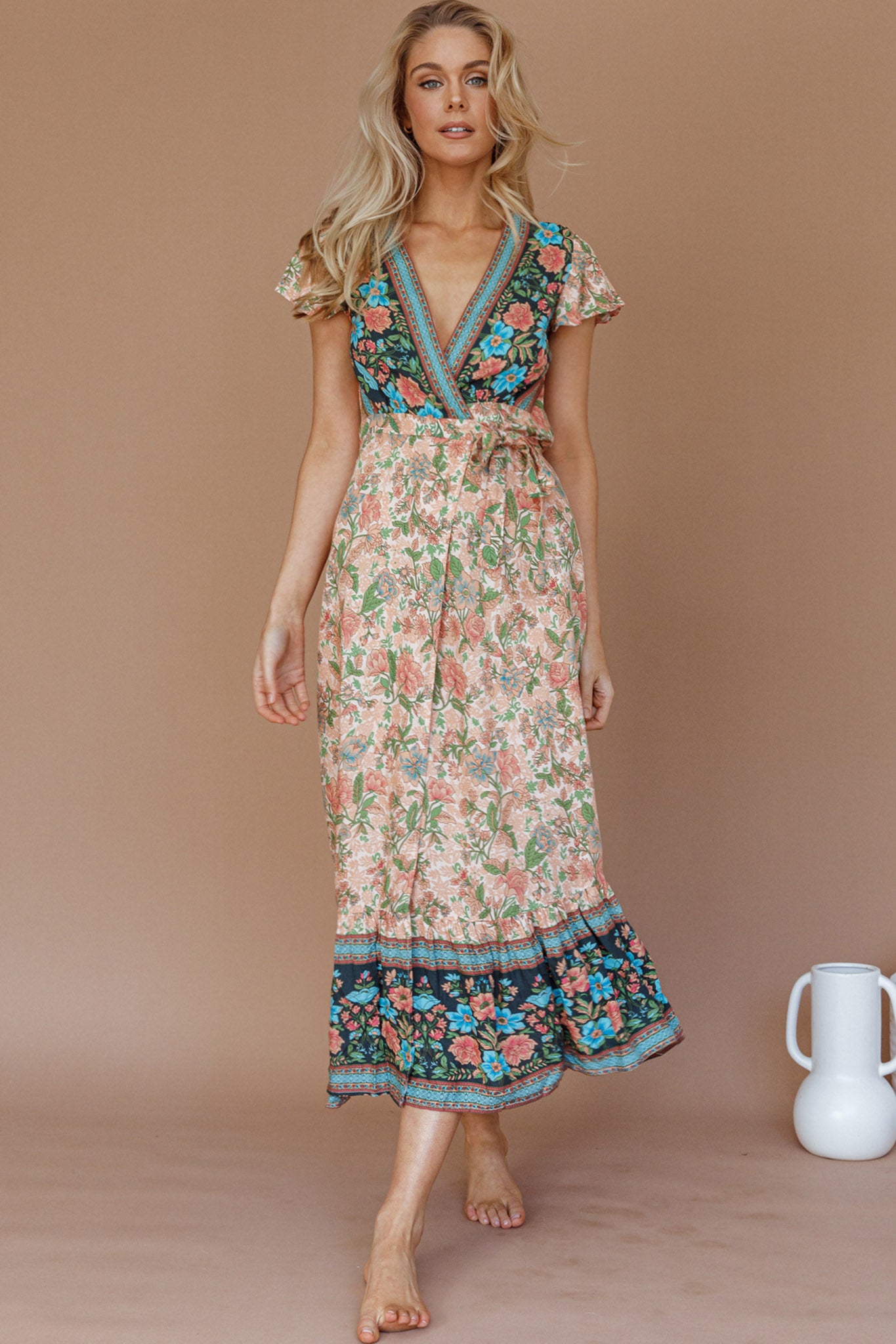 Mayan Angel Sleeve Wrap Midi Dress Floral Nude-Fable Dress