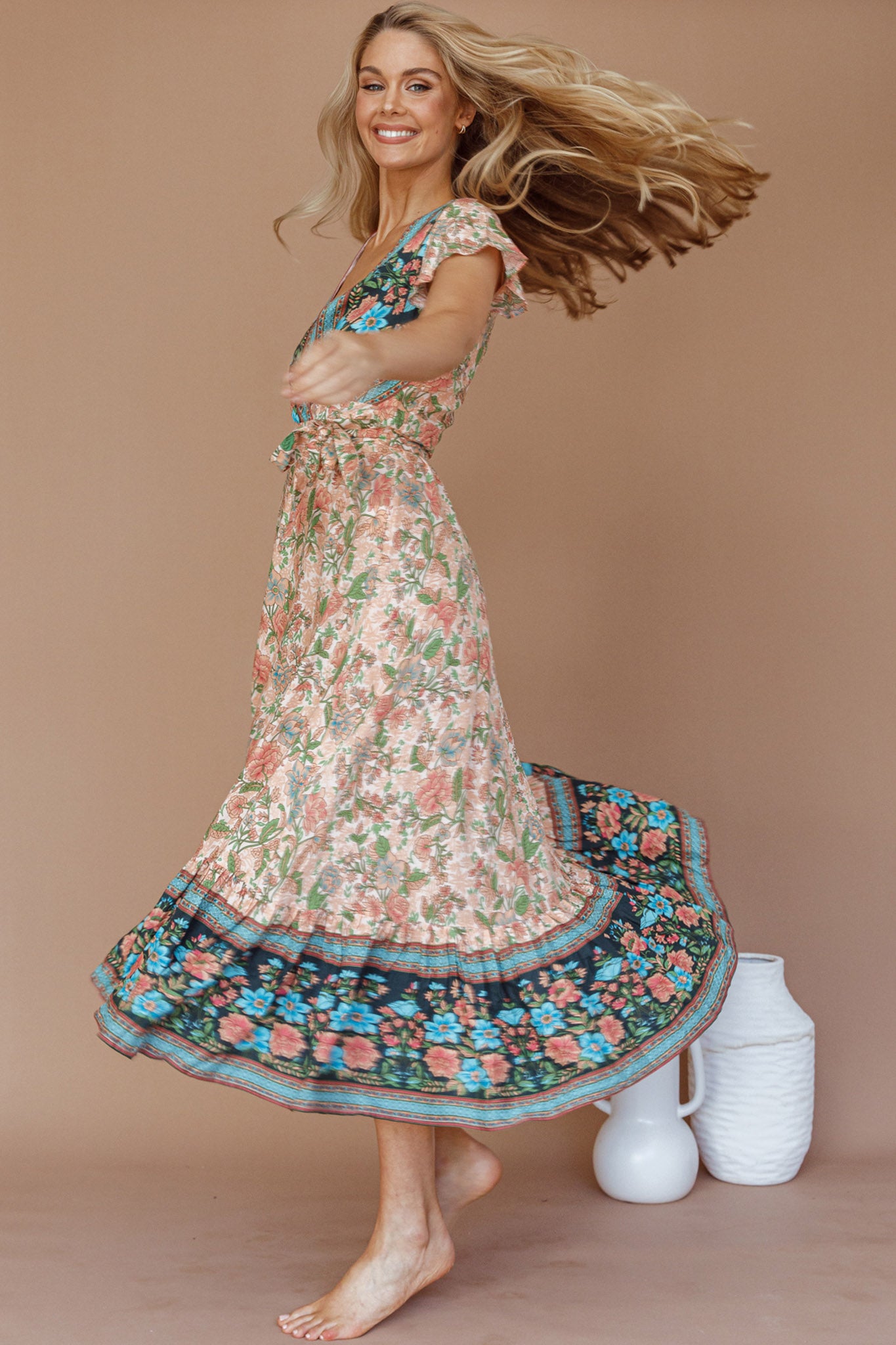 Mayan Angel Sleeve Wrap Midi Dress Floral Nude-Fable Dress