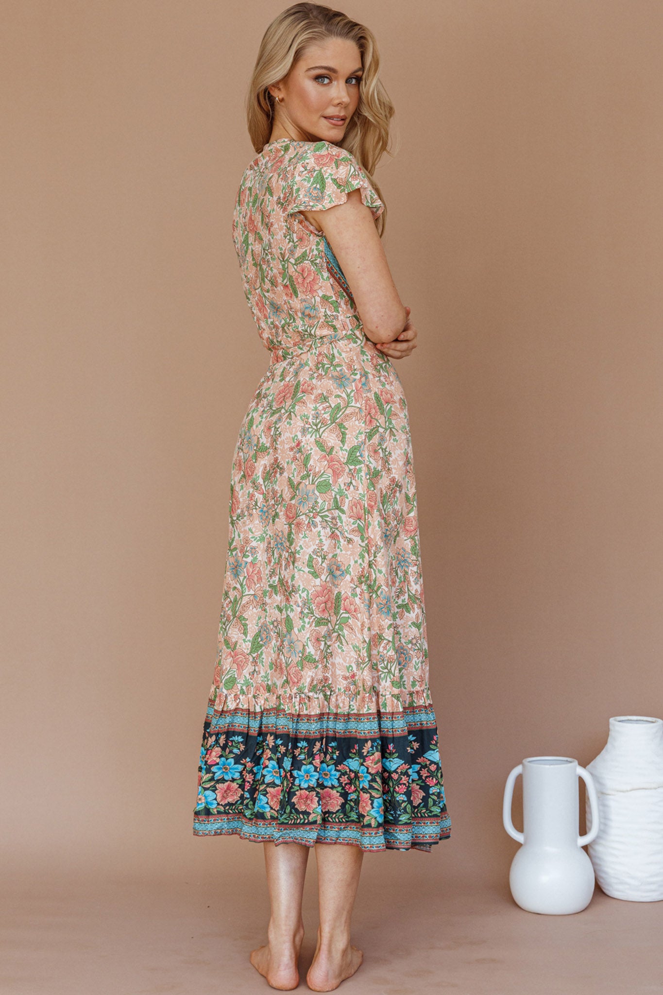 Mayan Angel Sleeve Wrap Midi Dress Floral Nude-Fable Dress