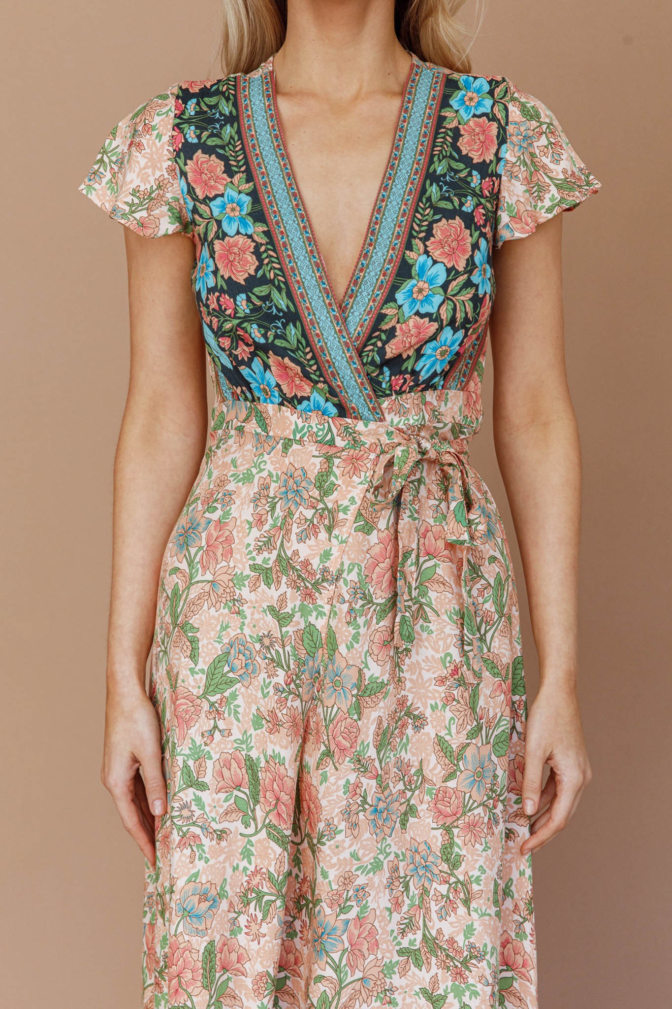 Mayan Angel Sleeve Wrap Midi Dress Floral Nude-Fable Dress