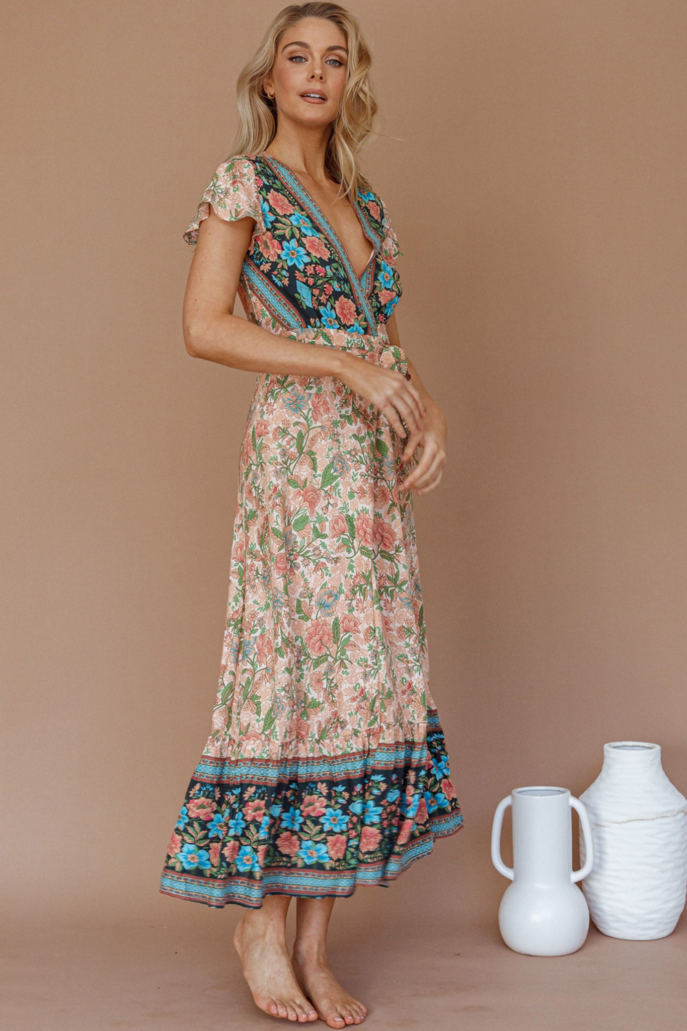 Mayan Angel Sleeve Wrap Midi Dress Floral Nude-Fable Dress