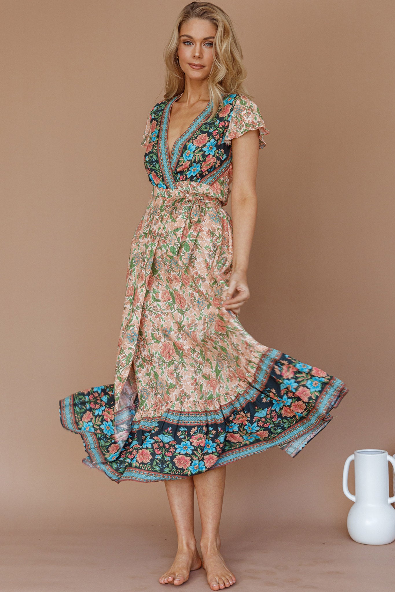 Mayan Angel Sleeve Wrap Midi Dress Floral Nude-Fable Dress