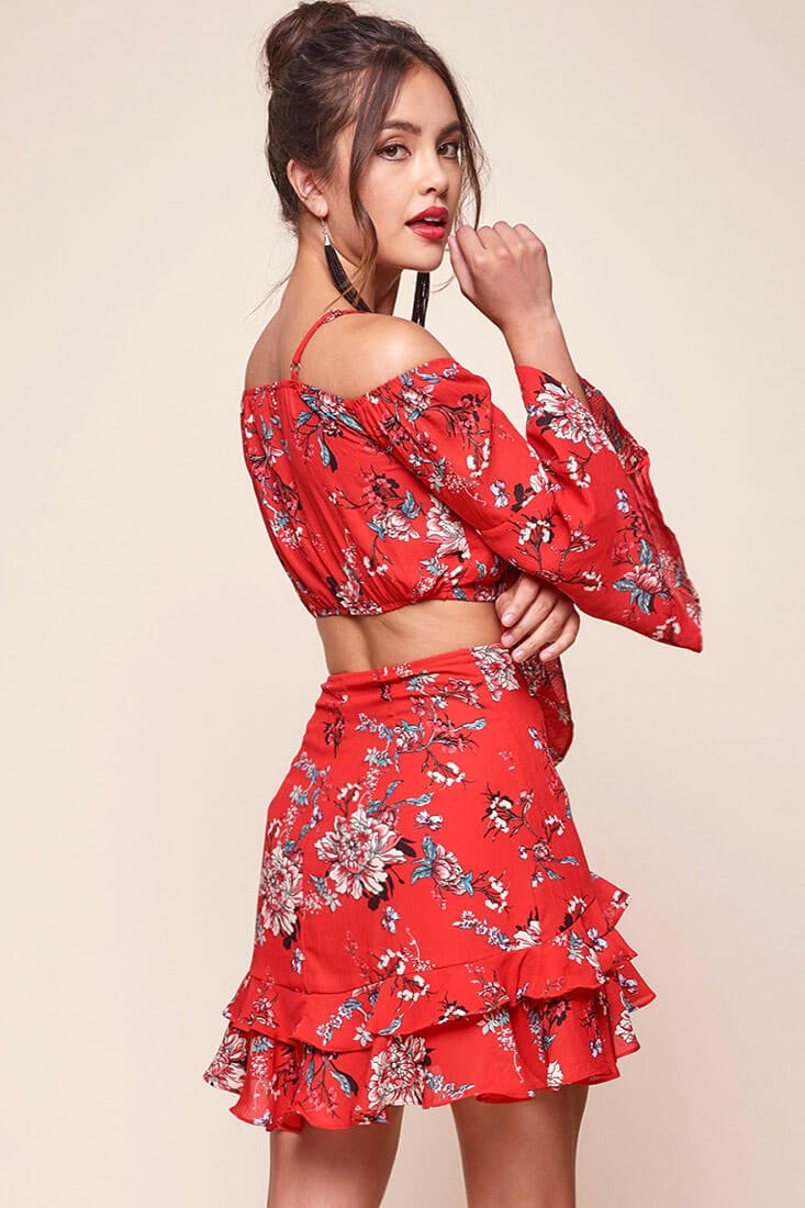Bellisario Floral Ruffle Caribbean Skirt Red-Fable Dress