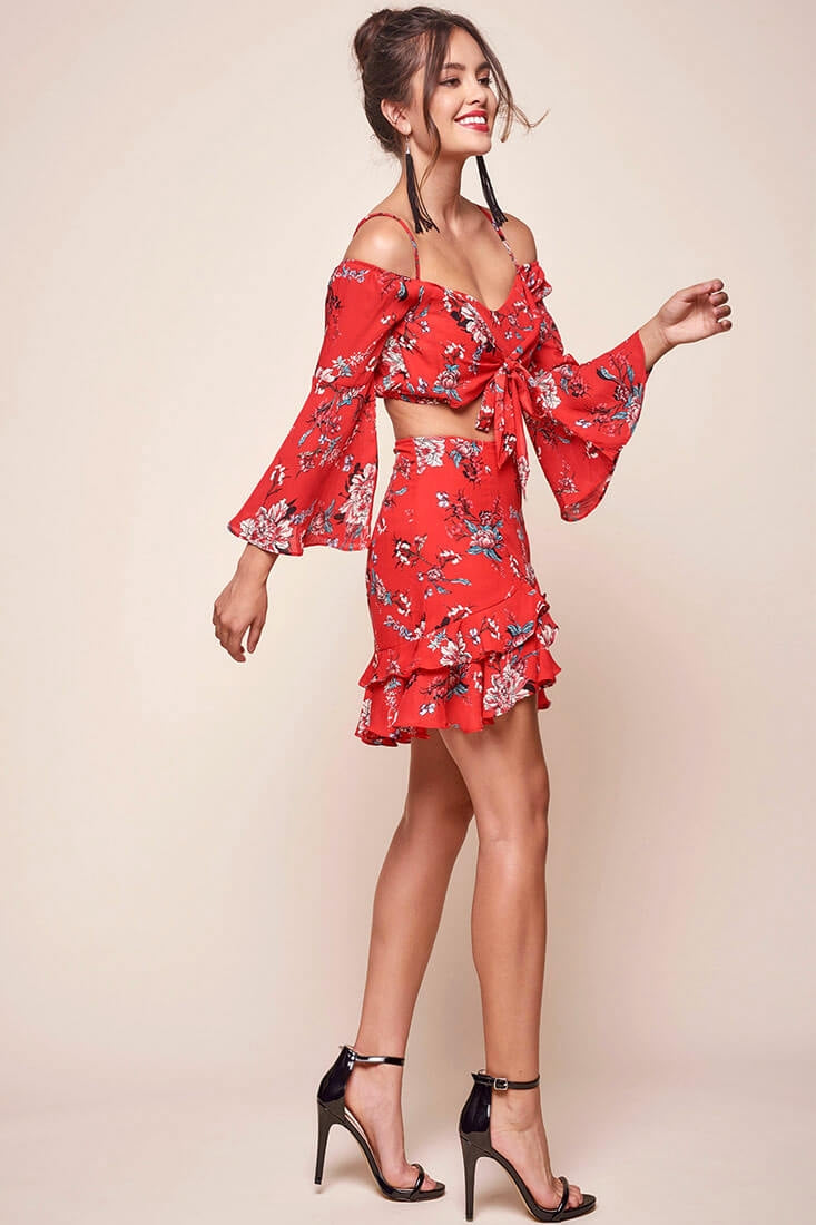 Bellisario Floral Ruffle Caribbean Skirt Red-Fable Dress