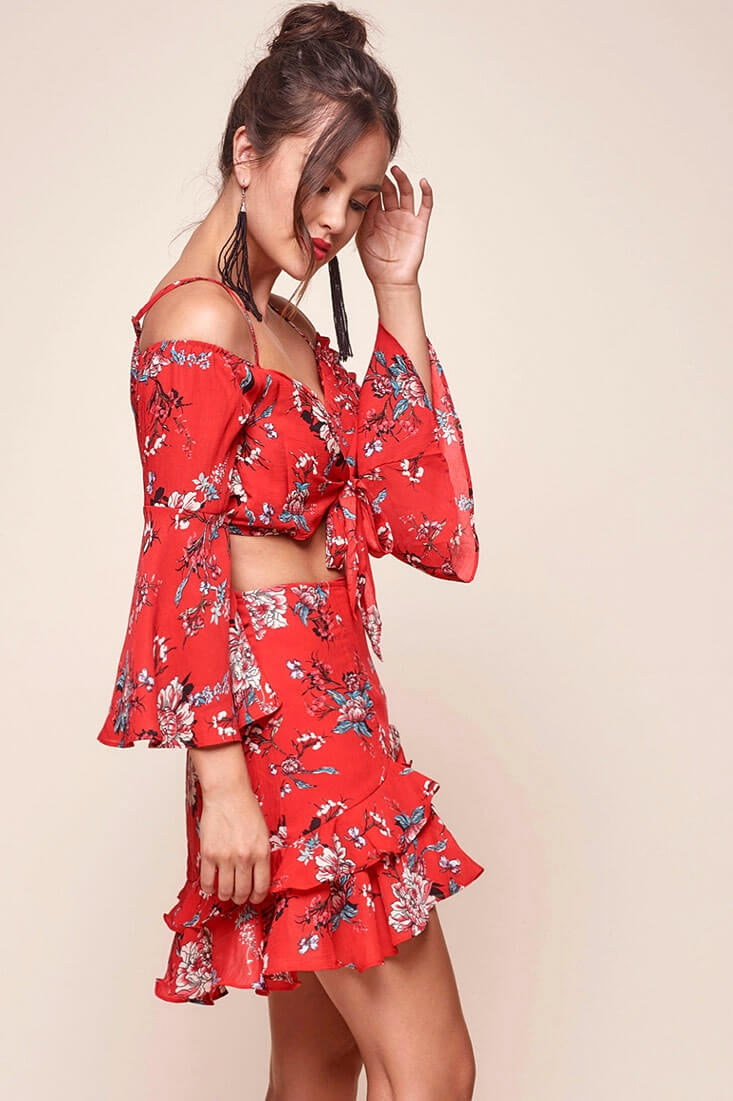 Bellisario Floral Ruffle Caribbean Skirt Red-Fable Dress