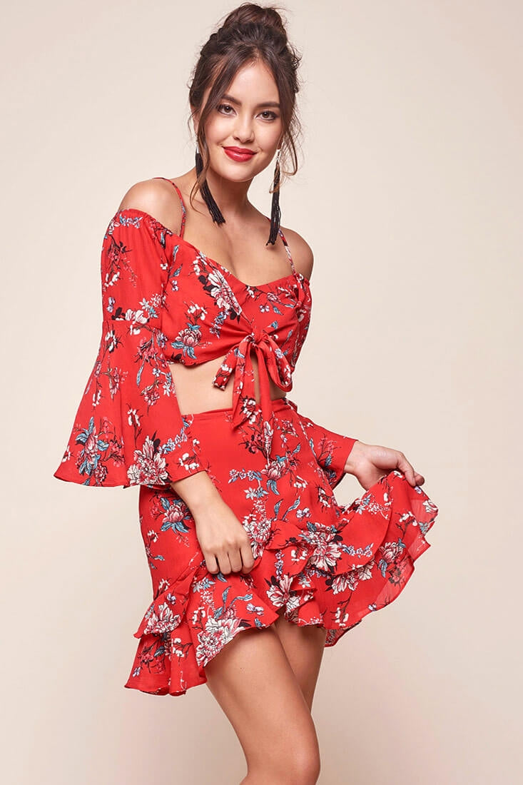 Bellisario Floral Ruffle Caribbean Skirt Red-Fable Dress
